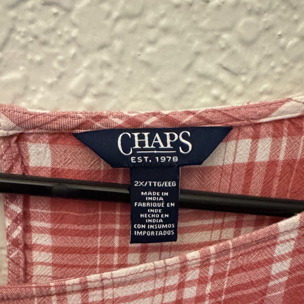 Chaps Coral Pink Plaid Ruffle-Sleeve Blouse - Picture 3 of 3